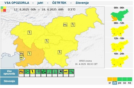 Oranžno opozorilo ARSA za jutrišnji dan se nanaša na spodnji del Primorske in nekoliko širše.